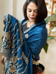 Teal Crepe Dupatta with Pearl, Cut Daana, Gold Thread & Sequin Embroidery