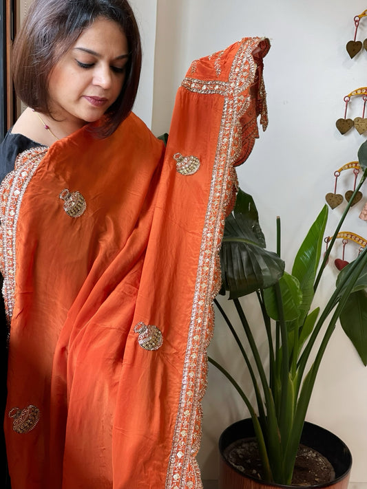 Orange Crepe Dupatta with Pearl, Cut Daana, Gold Thread & Sequin Embroidery