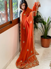 Orange Crepe Dupatta with Pearl, Cut Daana, Gold Thread & Sequin Embroidery