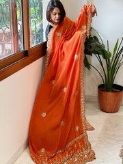 Orange Crepe Dupatta with Pearl, Cut Daana, Gold Thread & Sequin Embroidery
