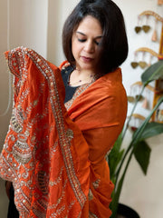 Orange Crepe Dupatta with Pearl, Cut Daana, Gold Thread & Sequin Embroidery