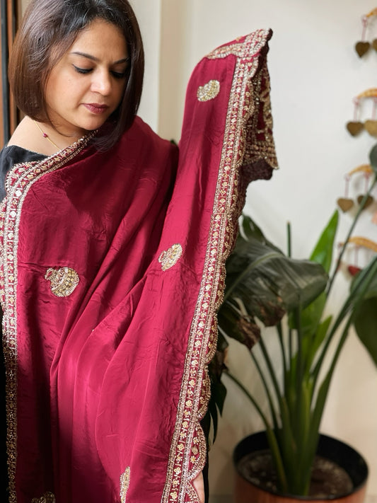 Maroon Crepe Dupatta with Pearl, Cut Daana, Gold Thread & Sequin Embroidery