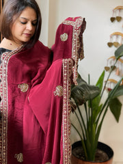Maroon Crepe Dupatta with Pearl, Cut Daana, Gold Thread & Sequin Embroidery