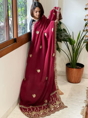 Maroon Crepe Dupatta with Pearl, Cut Daana, Gold Thread & Sequin Embroidery