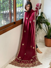 Maroon Crepe Dupatta with Pearl, Cut Daana, Gold Thread & Sequin Embroidery
