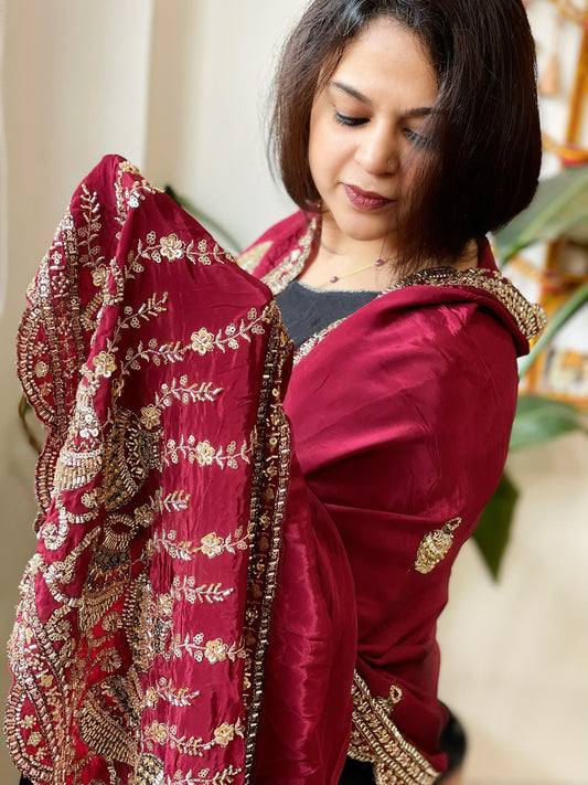 Maroon Crepe Dupatta with Pearl, Cut Daana, Gold Thread & Sequin Embroidery