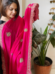 Hot Pink Crepe Dupatta with Pearl, Cut Daana, Gold Thread & Sequin Embroidery