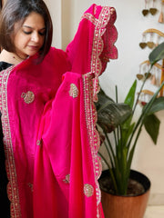 Hot Pink Crepe Dupatta with Pearl, Cut Daana, Gold Thread & Sequin Embroidery