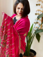 Hot Pink Crepe Dupatta with Pearl, Cut Daana, Gold Thread & Sequin Embroidery