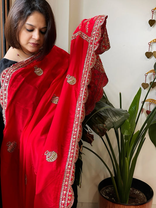 Red Crepe Dupatta with Pearl, Cut Daana, Gold Thread & Sequin Embroidery