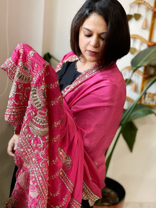 Pink Crepe Dupatta with Pearl, Cut Daana, Gold Thread & Sequin Embroidery