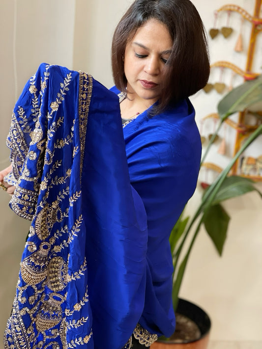 Royal Blue Crepe Dupatta with Pearl, Cut Daana, Gold Thread & Sequin Embroidery