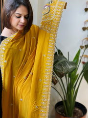 Yellow Crepe Dupatta with Pearl, Cut Daana, Gold Thread & Sequin Embroidery