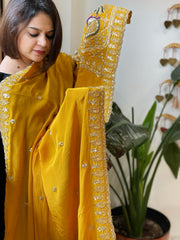 Yellow Crepe Dupatta with Pearl, Cut Daana, Gold Thread & Sequin Embroidery