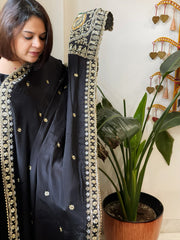 Black Crepe Dupatta with Pearl, Cut Daana, Gold Thread & Sequin Embroidery
