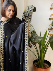 Black Crepe Dupatta with Pearl, Cut Daana, Gold Thread & Sequin Embroidery