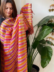 Pink, Orange Handwoven Chanderi Tissue Dupatta
