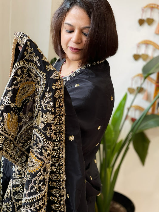 Black Crepe Dupatta with Pearl, Cut Daana, Gold Thread & Sequin Embroidery