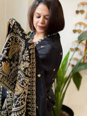 Black Crepe Dupatta with Pearl, Cut Daana, Gold Thread & Sequin Embroidery