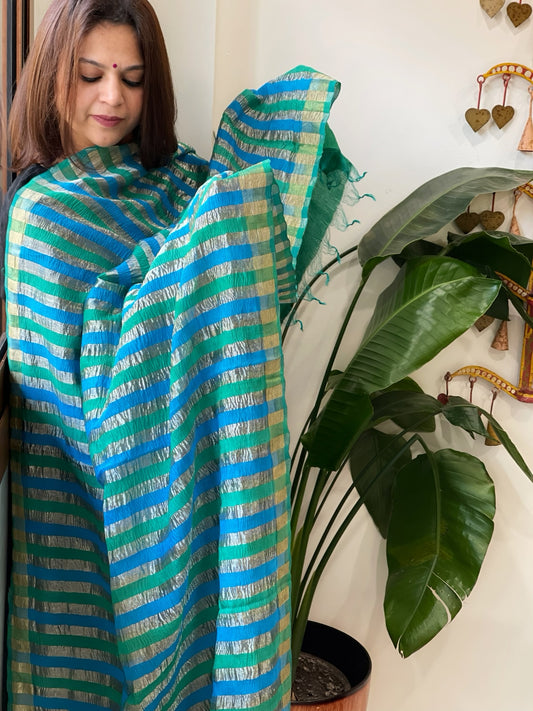 Turquoise, Blue Handwoven Chanderi Tissue Dupatta