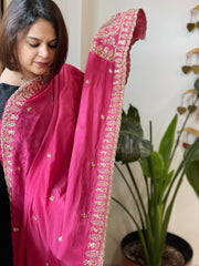 Pink Crepe Dupatta with Pearl, Cut Daana, Gold Thread & Sequin Embroidery