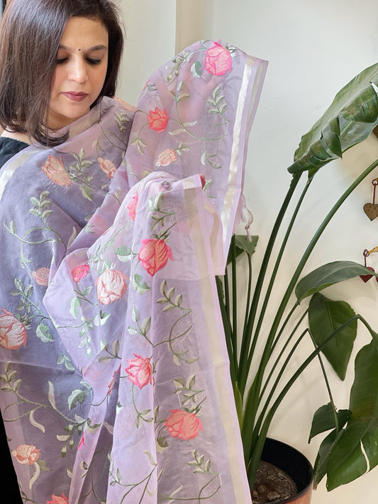 Lavender Organza Dupatta with Thread Embroidery