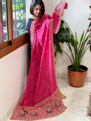 Pink Crepe Dupatta with Pearl, Cut Daana, Gold Thread & Sequin Embroidery