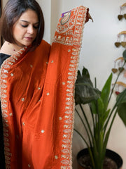 Orange Crepe Dupatta with Pearl, Cut Daana, Gold Thread & Sequin Embroidery