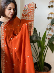 Orange Crepe Dupatta with Pearl, Cut Daana, Gold Thread & Sequin Embroidery