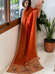 Orange Crepe Dupatta with Pearl, Cut Daana, Gold Thread & Sequin Embroidery