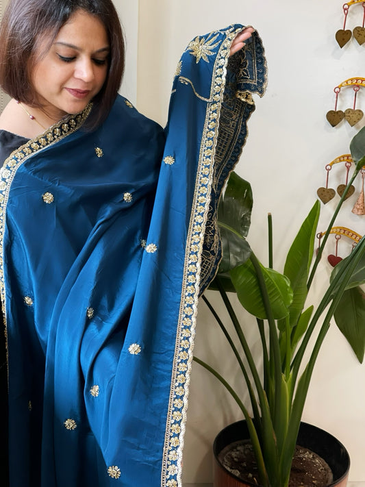Teal Blue Crepe Dupatta with Pearl, Cut Daana, Gold Thread & Sequin Embroidery