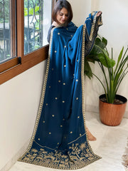 Teal Blue Crepe Dupatta with Pearl, Cut Daana, Gold Thread & Sequin Embroidery