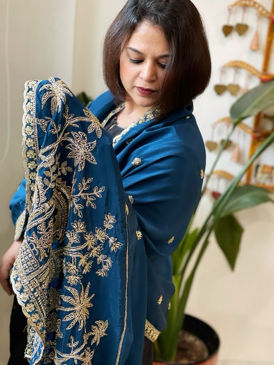 Teal Blue Crepe Dupatta with Pearl, Cut Daana, Gold Thread & Sequin Embroidery