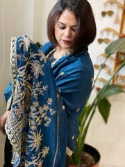 Teal Blue Crepe Dupatta with Pearl, Cut Daana, Gold Thread & Sequin Embroidery