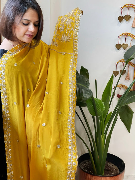 Yellow Crepe Dupatta with Pearl, Cut Daana, Gold Thread & Sequin Embroidery