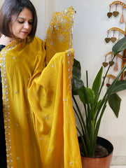 Yellow Crepe Dupatta with Pearl, Cut Daana, Gold Thread & Sequin Embroidery