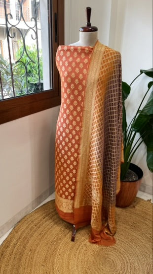 Orange, Purple Handwoven Banarasi Suit Set in Pure Georgette