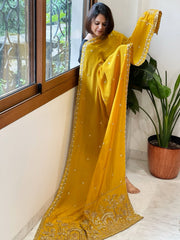 Yellow Crepe Dupatta with Pearl, Cut Daana, Gold Thread & Sequin Embroidery