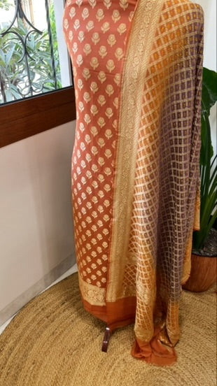 Orange, Purple Handwoven Banarasi Suit Set in Pure Georgette