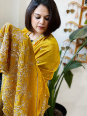 Yellow Crepe Dupatta with Pearl, Cut Daana, Gold Thread & Sequin Embroidery