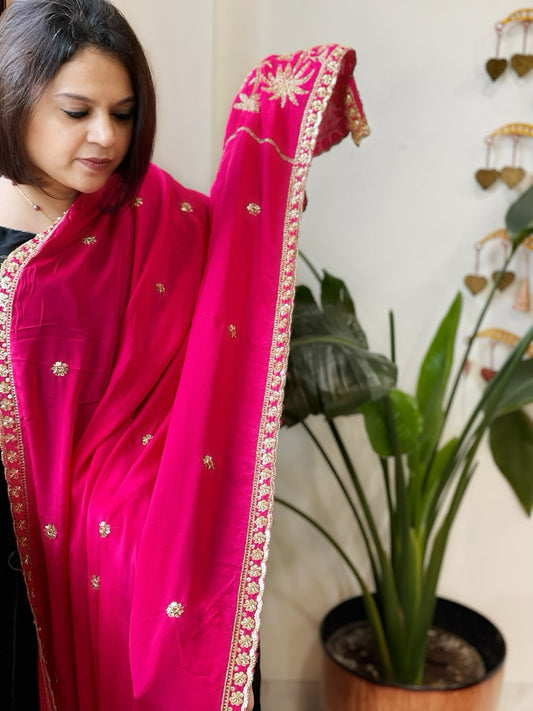 Hot Pink Crepe Dupatta with Pearl, Cut Daana, Gold Thread & Sequin Embroidery