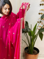 Hot Pink Crepe Dupatta with Pearl, Cut Daana, Gold Thread & Sequin Embroidery