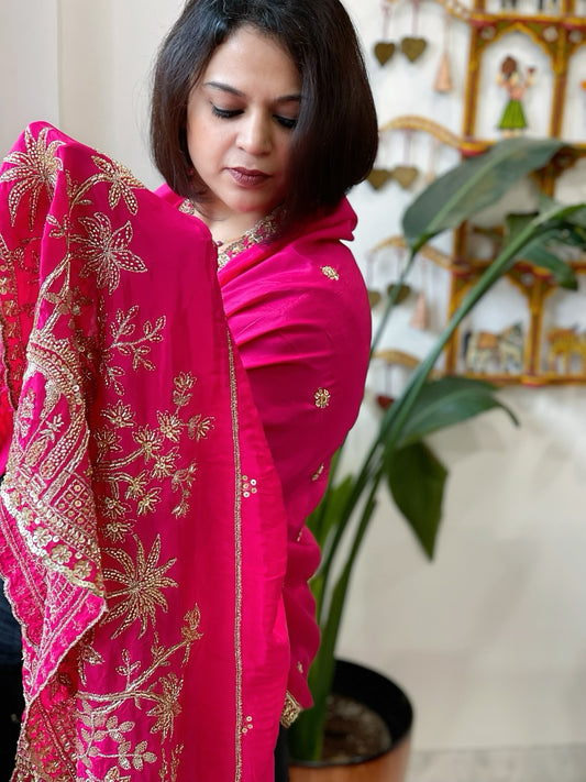 Hot Pink Crepe Dupatta with Pearl, Cut Daana, Gold Thread & Sequin Embroidery