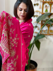 Hot Pink Crepe Dupatta with Pearl, Cut Daana, Gold Thread & Sequin Embroidery