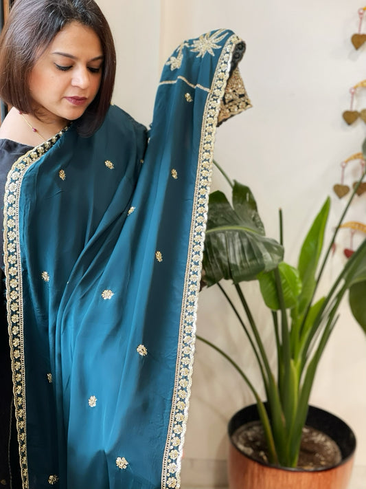 Teal Crepe Dupatta with Pearl, Cut Daana, Gold Thread & Sequin Embroidery