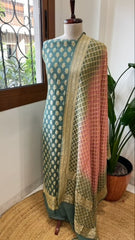 Sea Green, Peachish Pink Handwoven Banarasi Suit Set in Pure Georgette