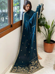 Teal Crepe Dupatta with Pearl, Cut Daana, Gold Thread & Sequin Embroidery