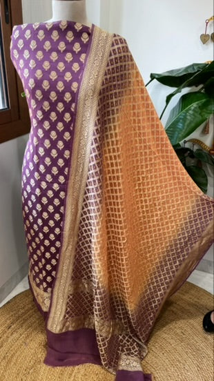 Mauve, Peach Handwoven Banarasi Suit Set in Pure Georgette