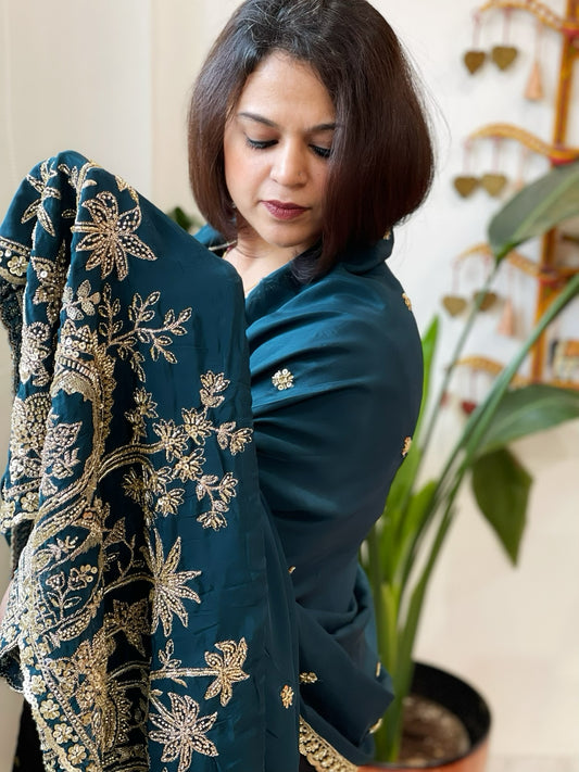Teal Crepe Dupatta with Pearl, Cut Daana, Gold Thread & Sequin Embroidery