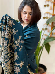 Teal Crepe Dupatta with Pearl, Cut Daana, Gold Thread & Sequin Embroidery